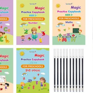 Gurukanth Magic Practice Copybook Set – 5 Books + 10 Refills + Pen + Grip (English & Hindi, Reusable Spiral Bounds)